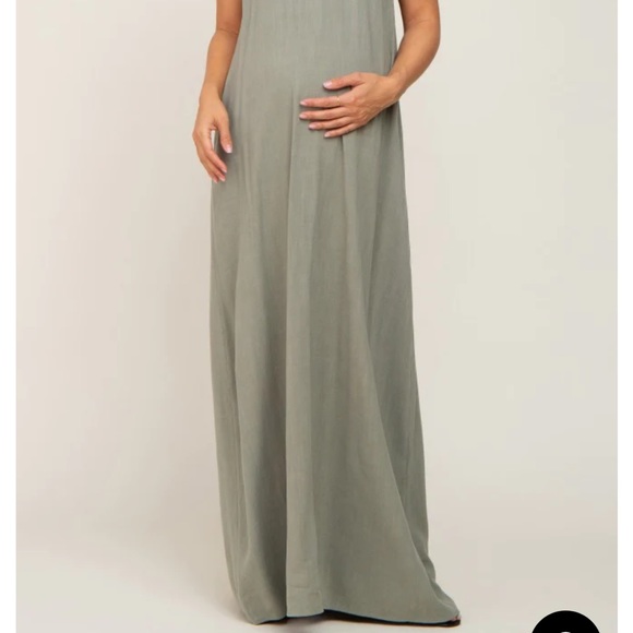 Light Olive Linen V-Neck Tie Strap Maternity Maxi Dress (PINKBLUSH) - Picture 4 of 8